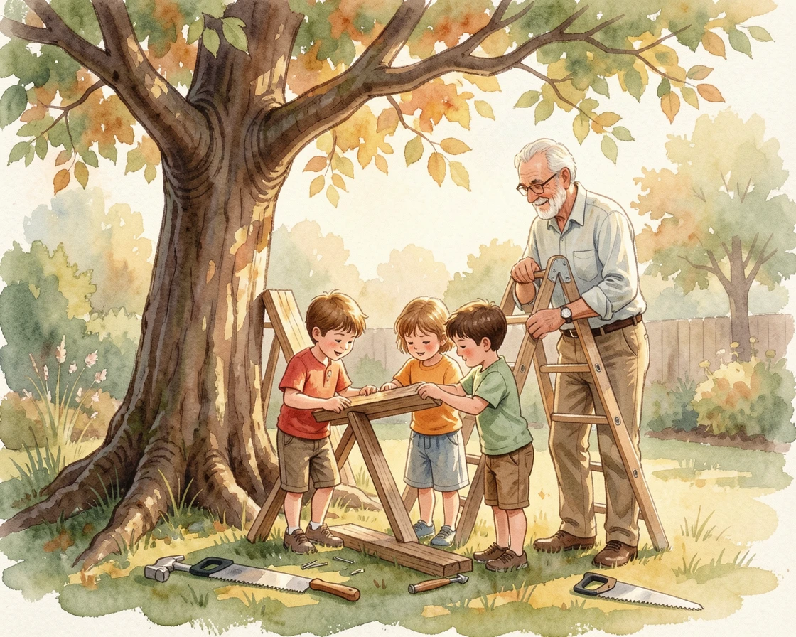 Children building a treehouse with their grandfather as golden afternoon light glows around them.