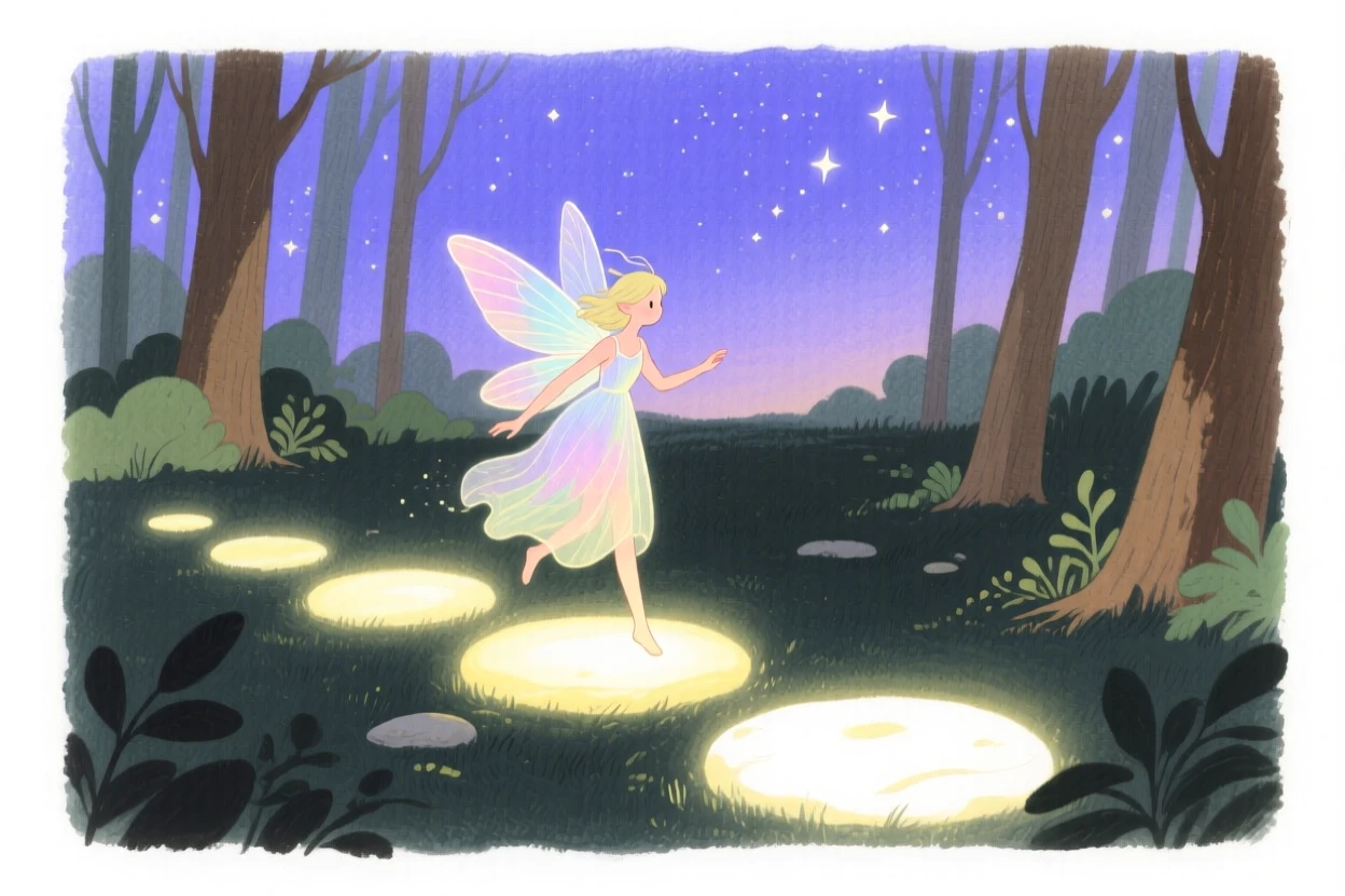 A tiny forest fairy skips across stepping stones of light in a hidden forest glade, with stars beginning to appear overhead