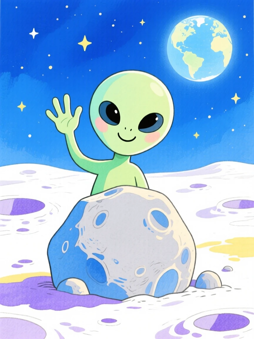 An imaginative scene of a friendly alien waving from behind a moon rock.