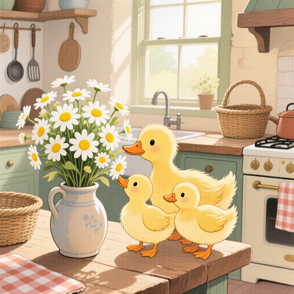 A family of ducklings sniffing a bouquet of daisies, set in a cozy farmhouse kitchen with morning light streaming in, capturing a fleeting moment of quiet contentment.