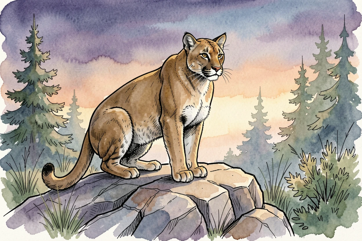 A mountain lion perched watchfully on a rocky outcrop at dusk, the natural world carrying on undisturbed around them.