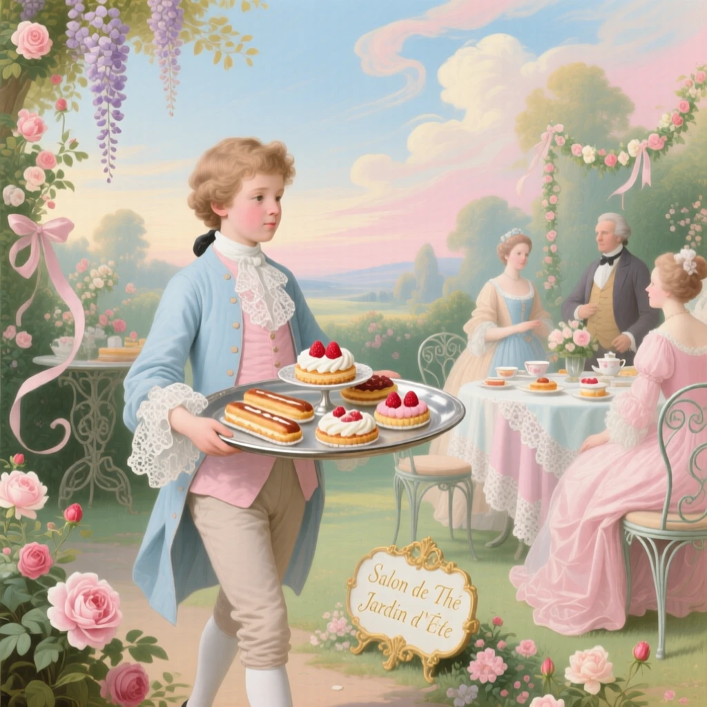 A boy carrying a tray of pastries toward a garden tea party  
