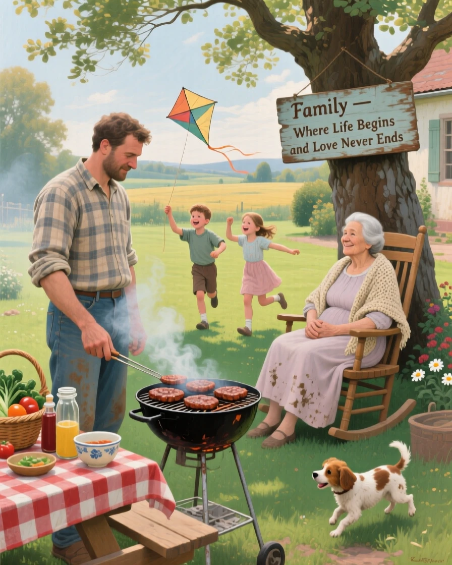 A father grilling burgers in the backyard while kids play nearby, as an older family member watches on with a proud smile, designed to remind viewers of their own cherished family memories
