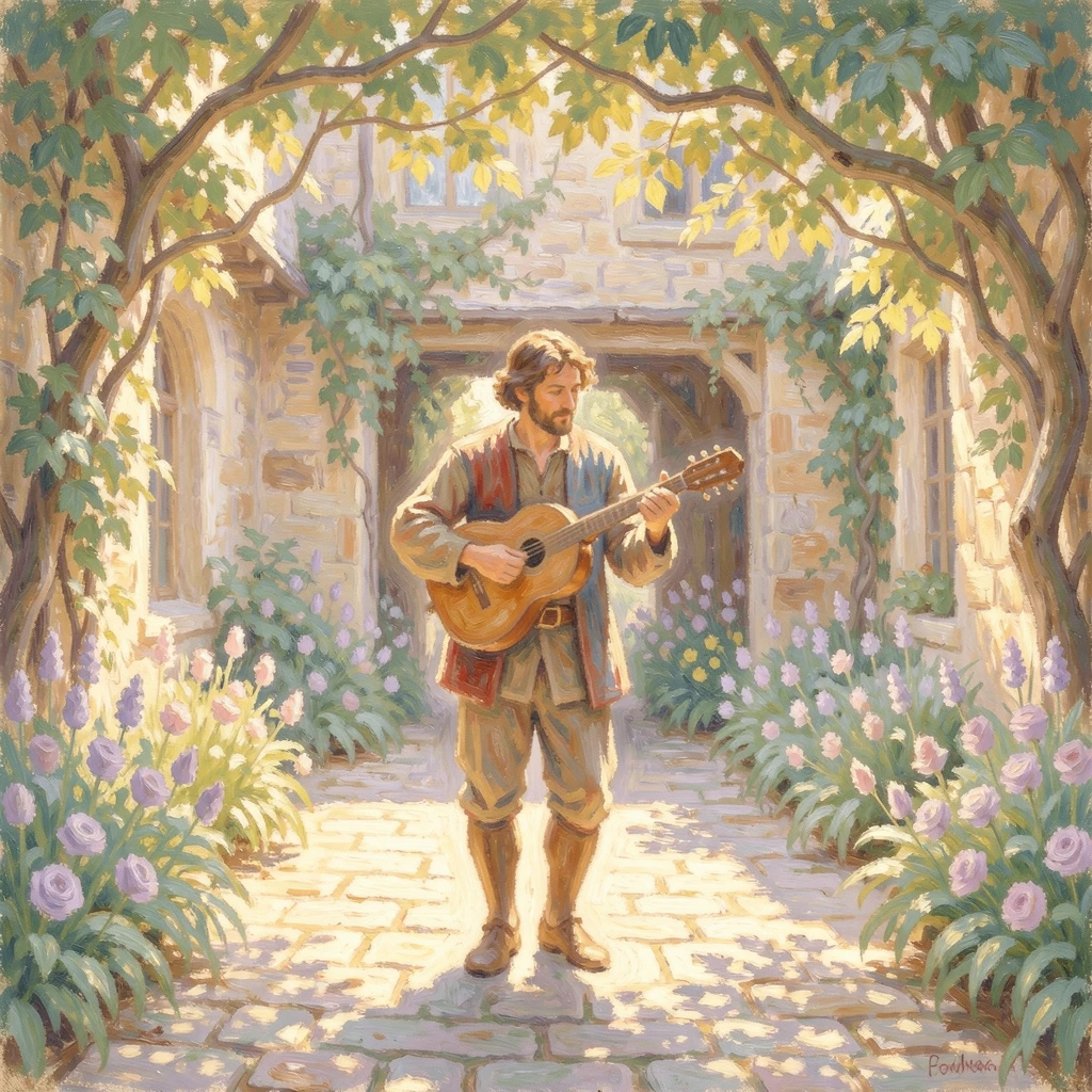 A wandering minstrel playing a lute in a sunlit medieval courtyard.