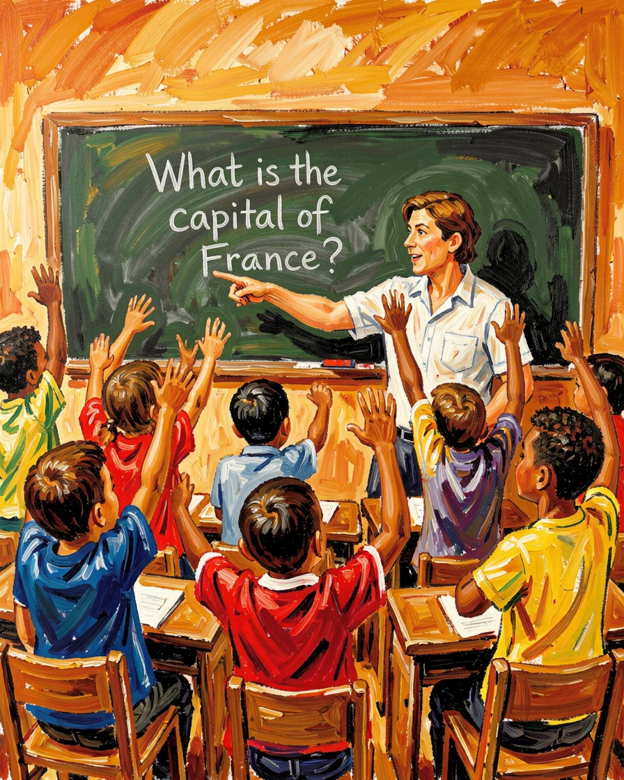 A classroom of children raising their hands eagerly as a teacher points to a chalkboard.