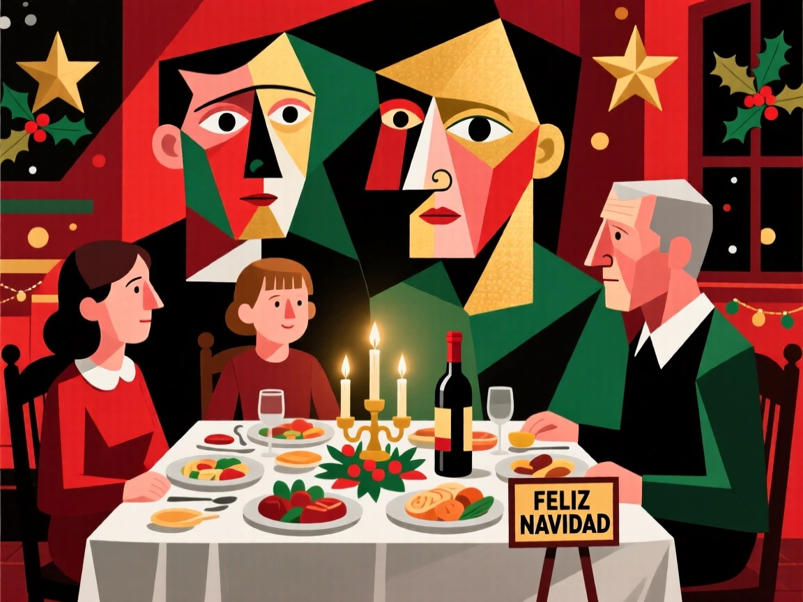 A family gathered around a table for a festive holiday dinner, faces glowing with warmth.