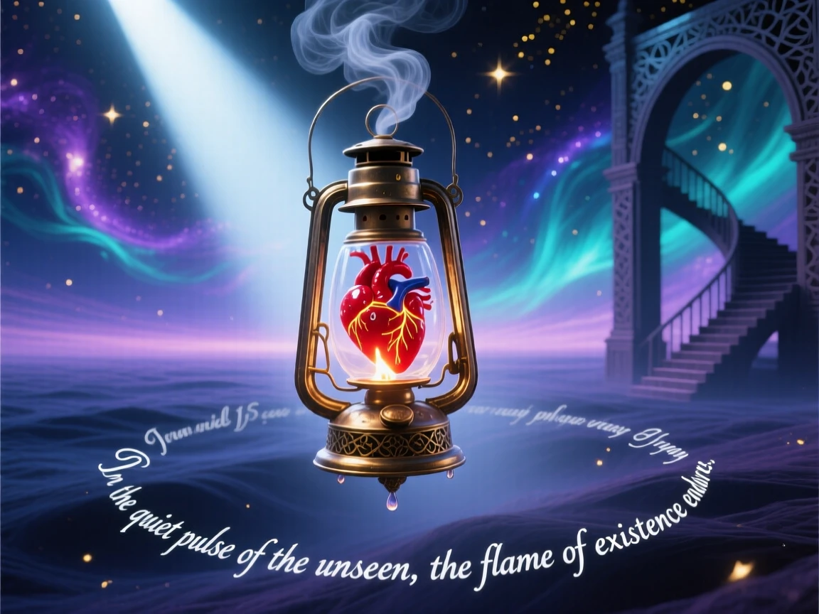 A lantern whose flame is shaped like a tiny beating heart drifts slowly through a space with no clear boundary, while a single beam of light falls directly upon it.