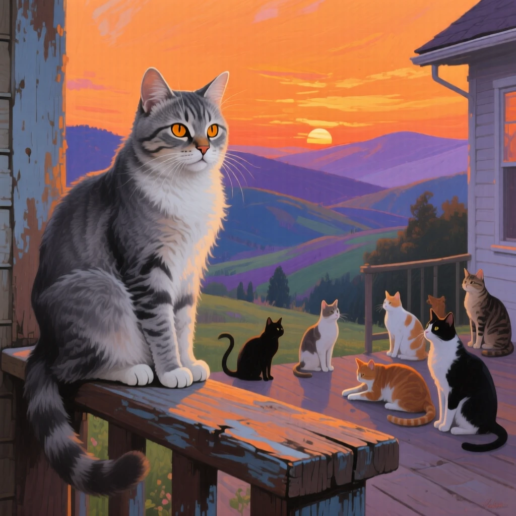 A wise-looking old cat watches quietly from a wooden porch rail as the sun sets behind rolling hills, its silhouette sharp against the orange sky, other members of its group visible nearby, reinforcing the social nature of the scene.