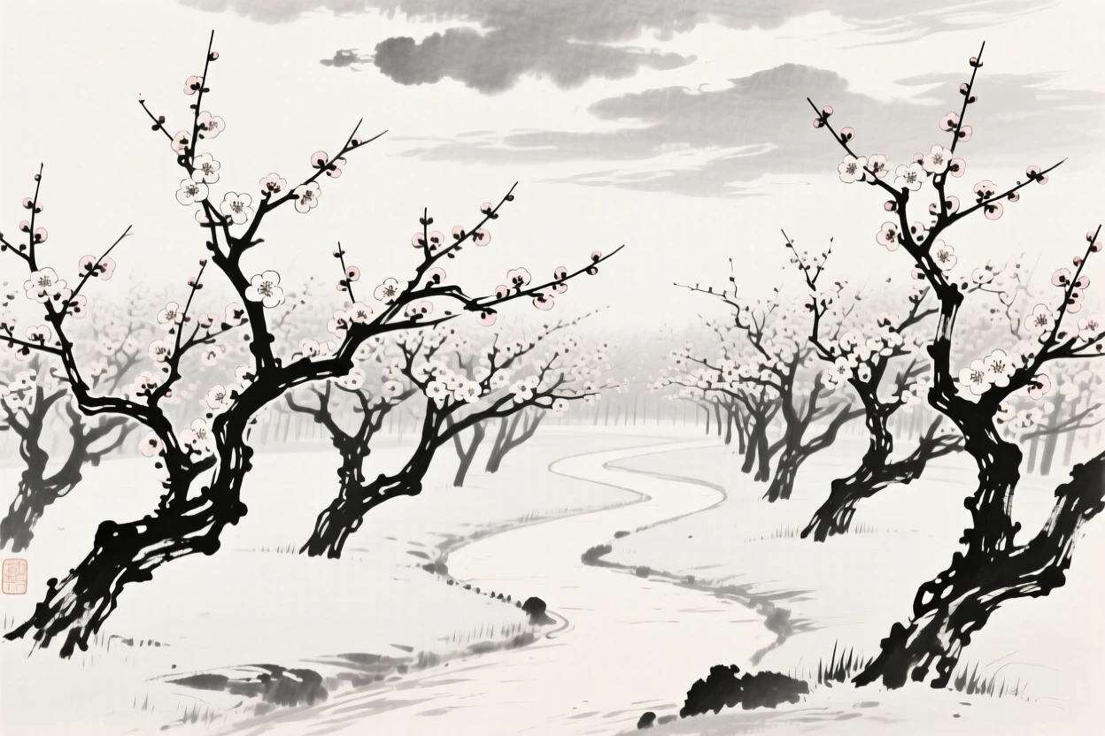 A grove of plum trees blossoms along a quiet garden path, with soft light breaking through scattered clouds.