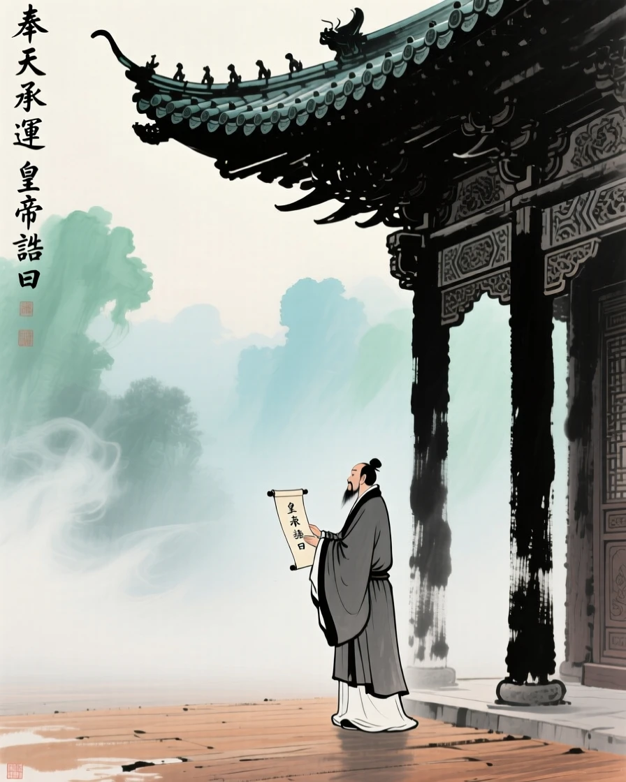 A scholar receiving an imperial edict beneath the eaves of a great hall, through swirling morning fog, radiating gentle serenity.