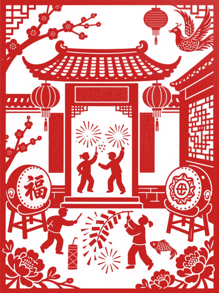 A scene of a courtyard strung with red couplets and lanterns, alive with the sound of firecrackers and laughter, with drums echoing between the surrounding buildings.