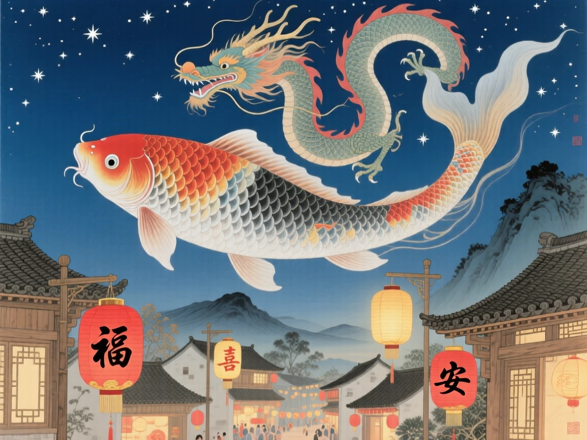 A koi fish mid-transformation, its tail becoming a dragon's above a village during a starlit festival