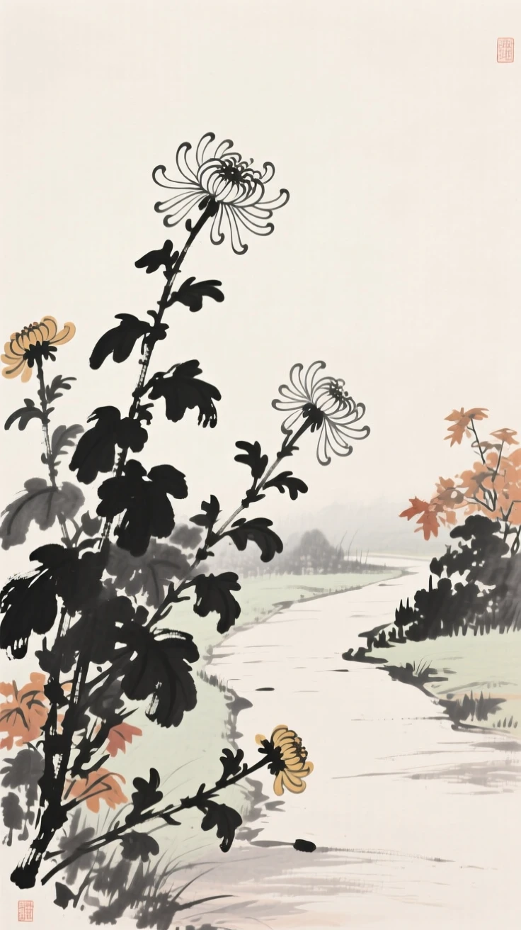 A stand of autumn chrysanthemums beside a quiet garden path, framed asymmetrically for quiet visual balance, conveying gentle stillness and natural harmony.