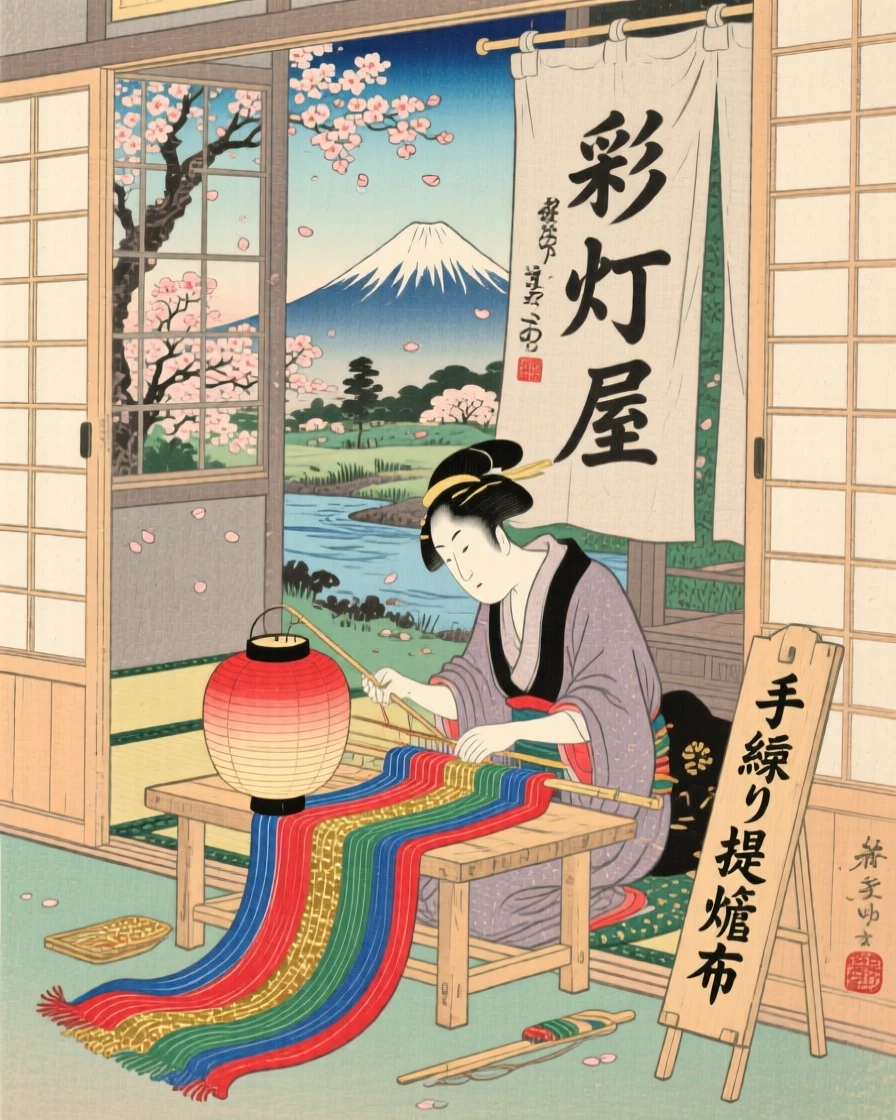 A lantern maker weaving colorful threads into cloth.