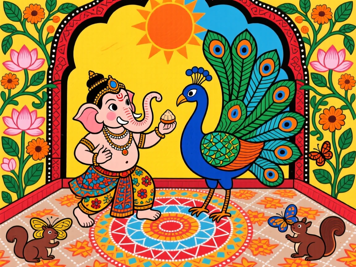 A young Ganesha playing joyfully with a peacock in a courtyard.