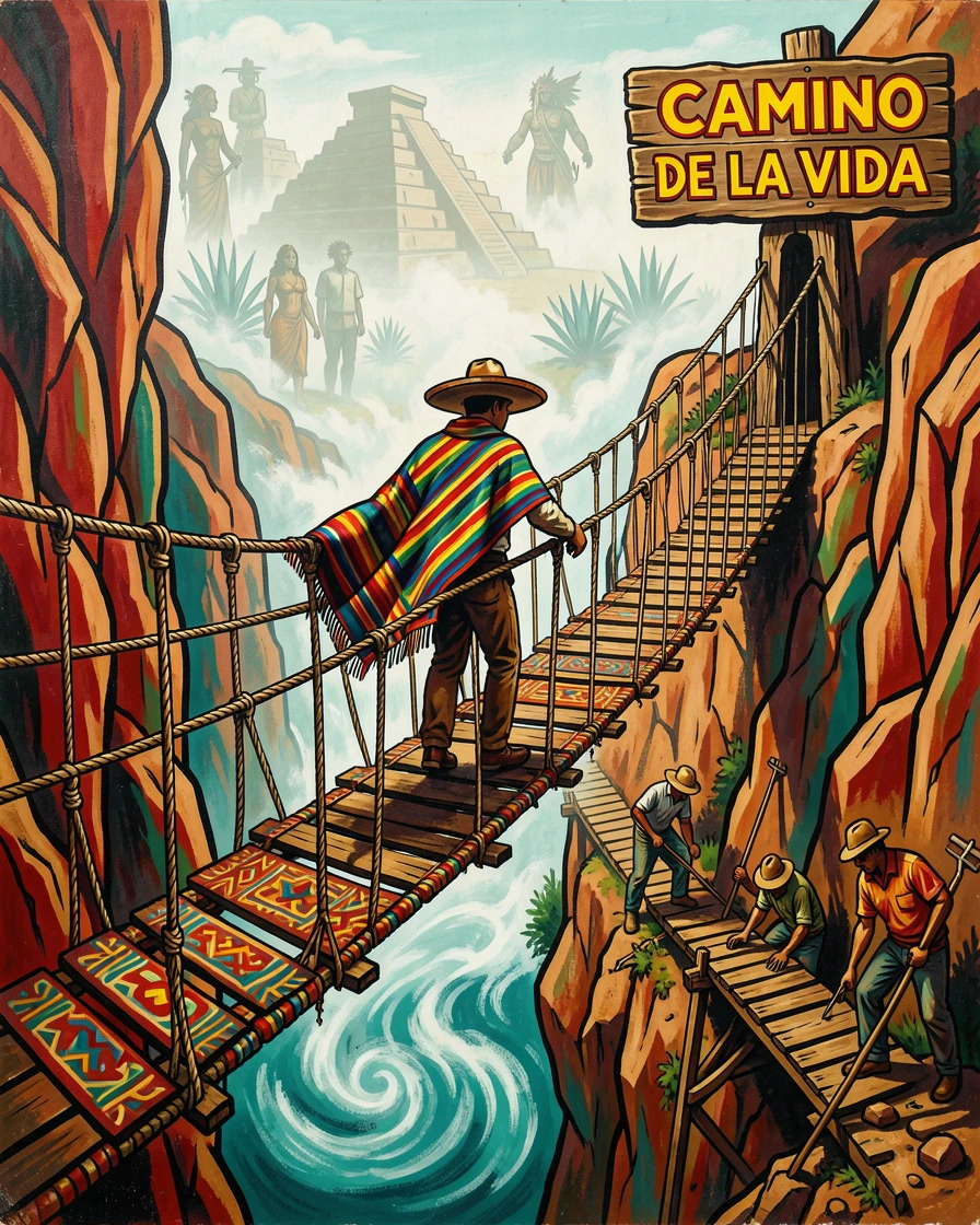 A traveler crossing a suspension bridge above a misty canyon
