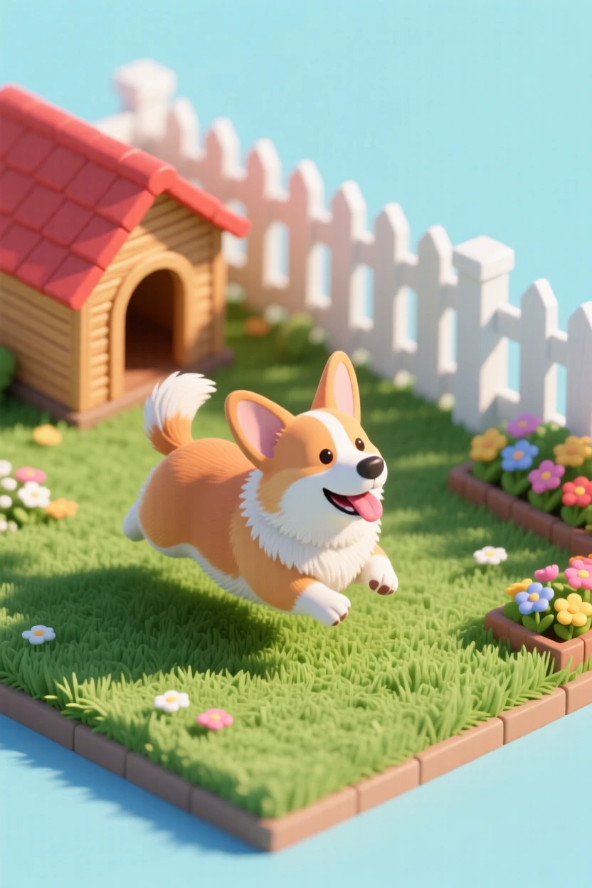A fluffy corgi chasing its own tail in a sunlit backyard, ears flopping and tongue out in pure joy.