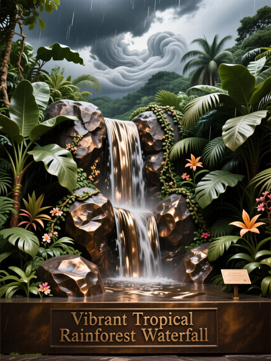 A vibrant tropical rainforest waterfall, under a vast and dramatic sky, offering a breathtaking sense of place