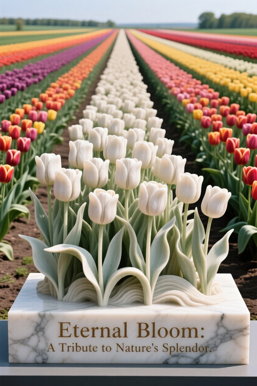 A sweeping, cinematic composition of a field of tulips in vibrant rows, capturing the raw beauty of the natural world
