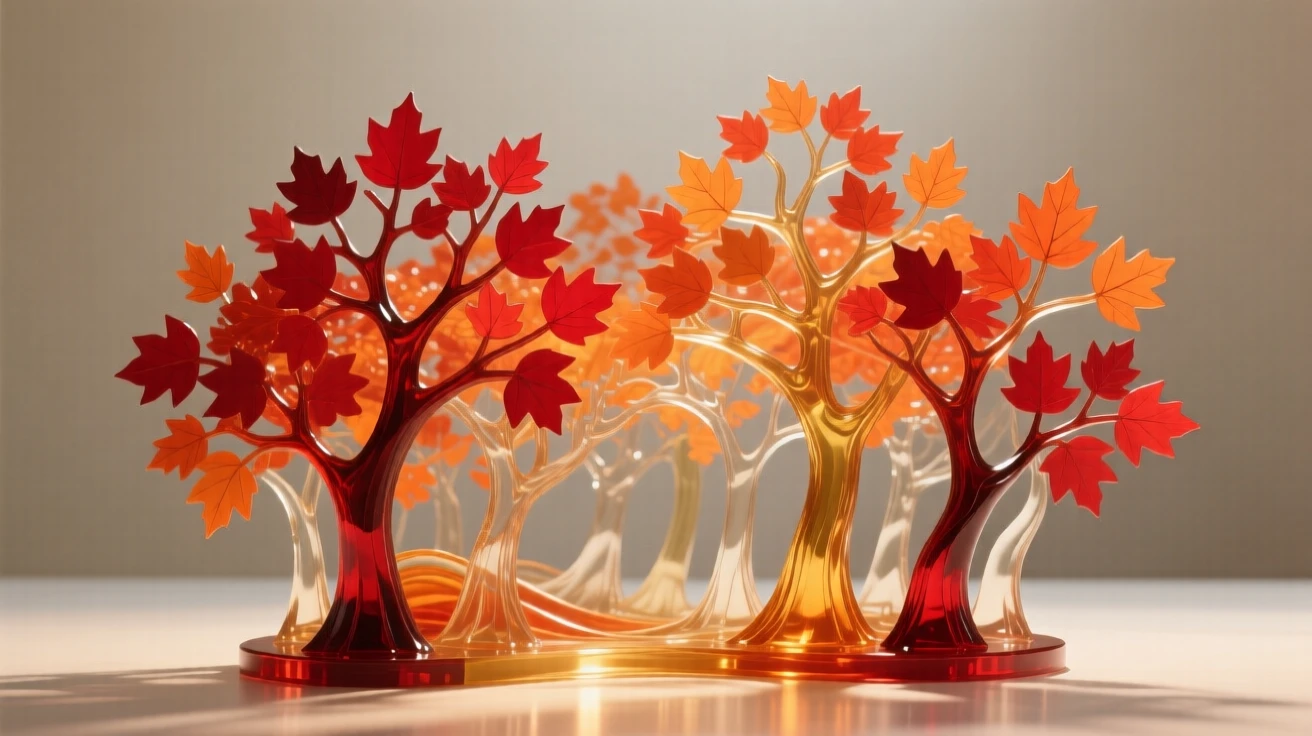 An autumn forest ablaze with red and orange leaves, captured in soft golden light with layers of atmospheric depth, evoking peace and quiet grandeur.