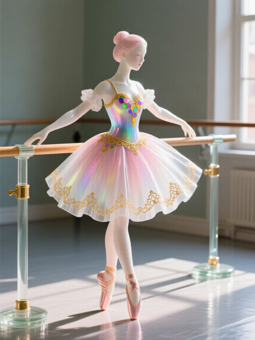 A young dancer practicing ballet at a sunlit studio barre, disciplined and graceful.