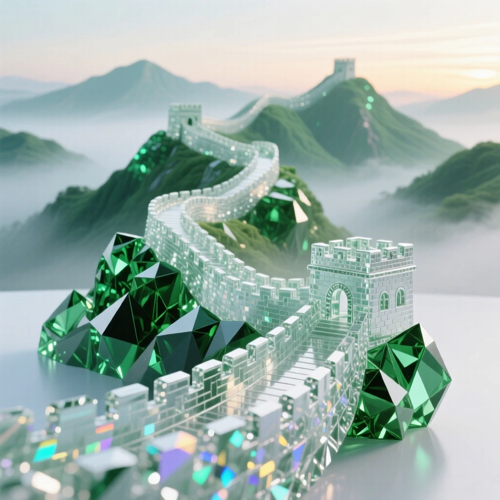 The Great Wall of China winding across misty green mountains at dawn.