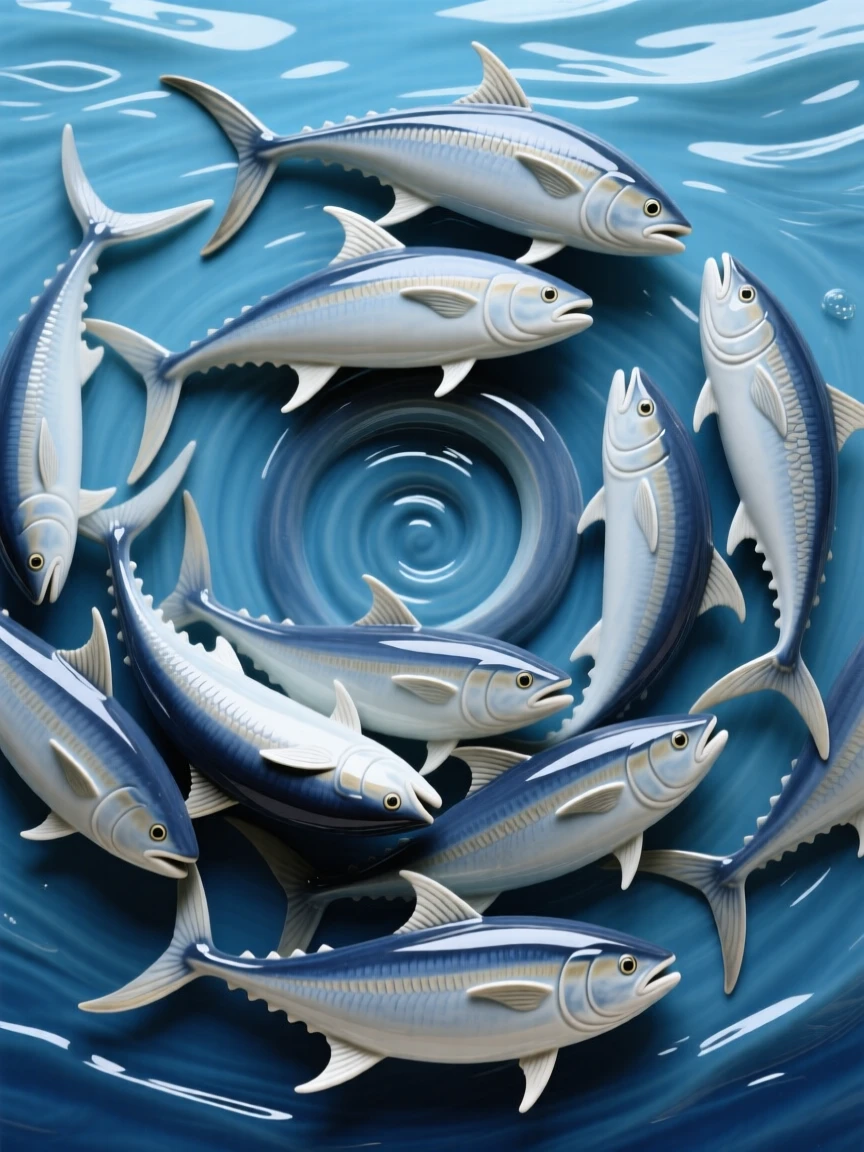 A school of tuna moving in a tight spiral drifting weightlessly through open blue, its fins trailing like delicate ribbons, capturing a fleeting moment of underwater grace.
