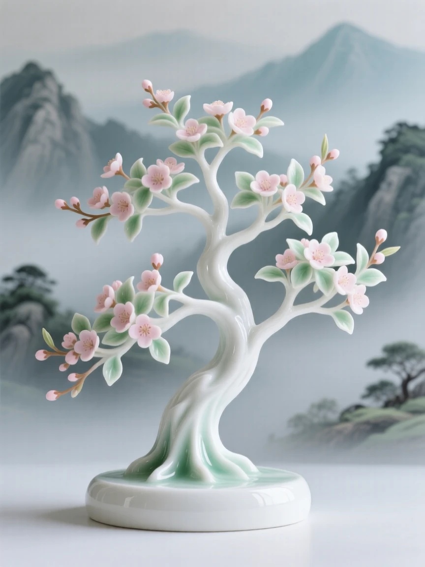 A graceful oak tree in full spring bloom in a misty mountain valley.