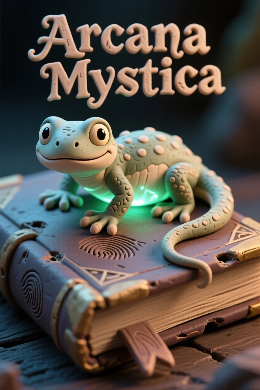 A wizard's familiar—a tiny glowing salamander—curled atop a spellbook