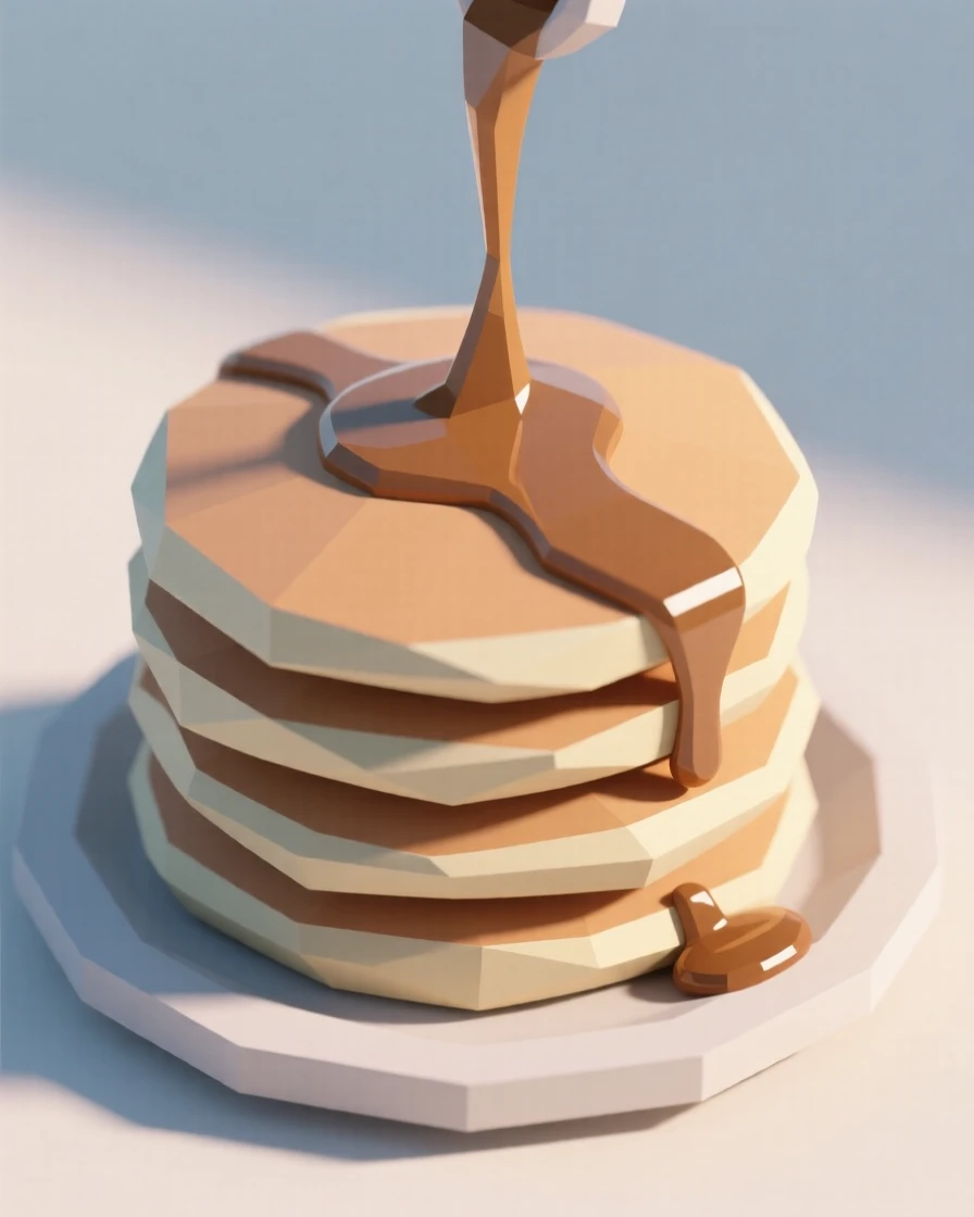 A stack of golden pancakes drizzled with syrup, in soft morning light. the composition is framed from a pleasing overhead angle. It captures a simple, joyful moment.