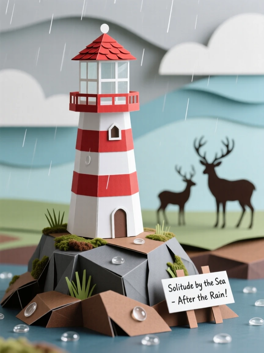 A solitary lighthouse on a rocky point just after a passing rain shower, with a distant silhouette of grazing wildlife, evoking a sense of untouched wilderness.