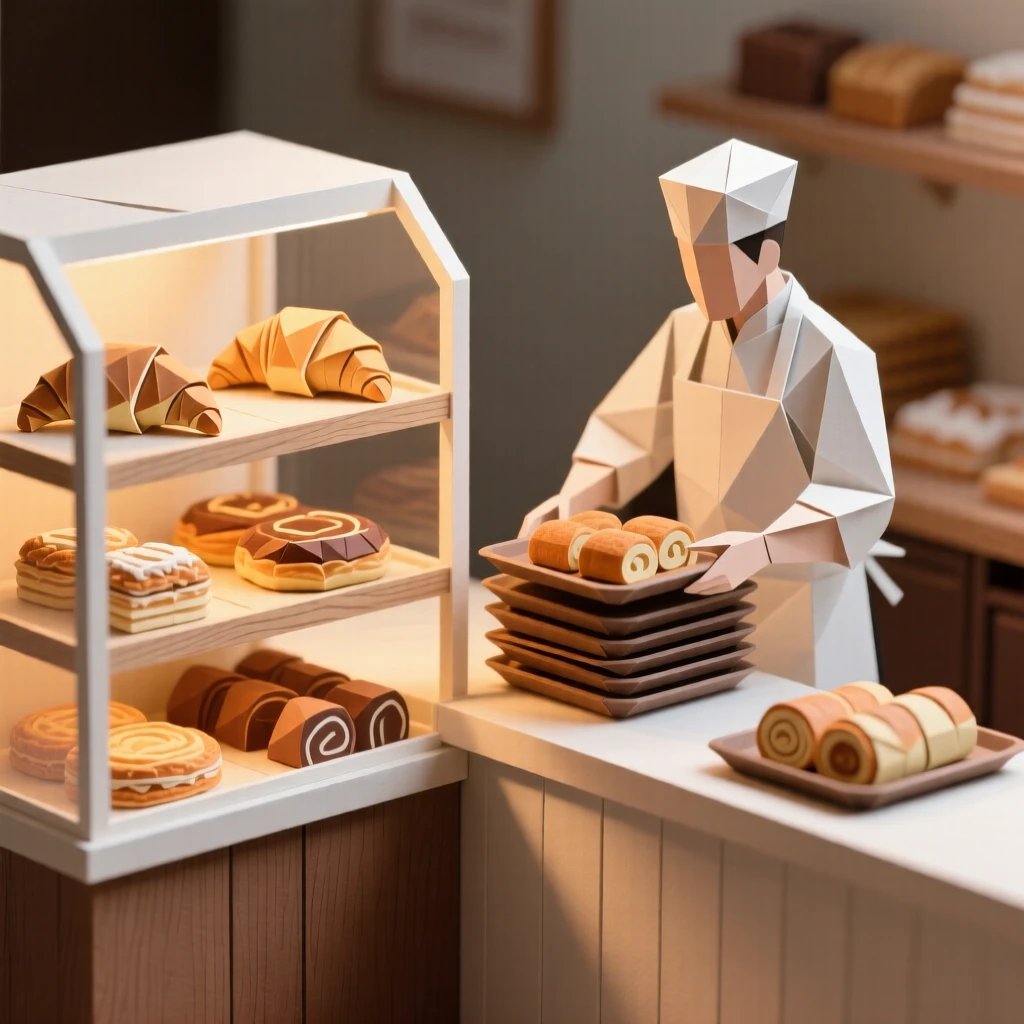 A warm bakery display case filled with pastries, a baker arranging trays behind the counter.