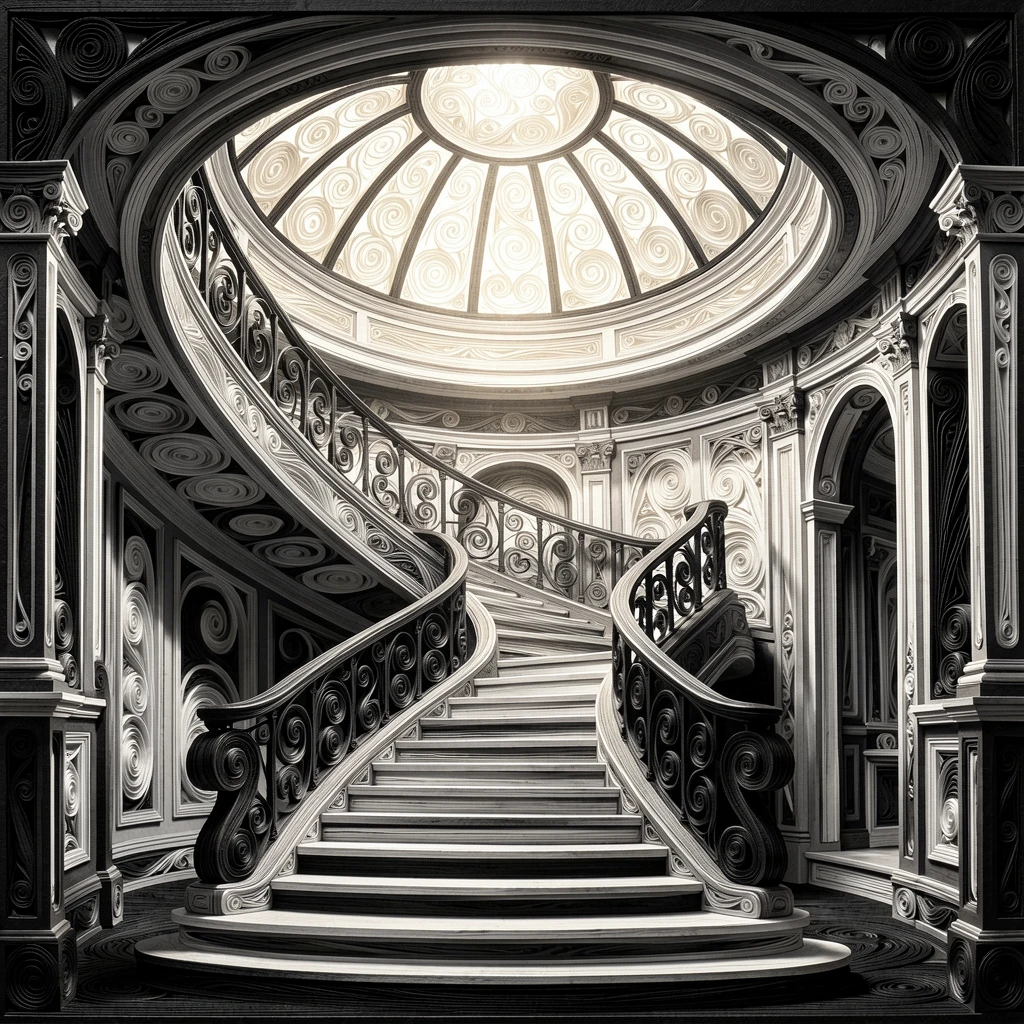 A sophisticated luxury scene of a grand staircase spiraling beneath a domed skylight in a sophisticated penthouse suite, in classic monochrome black and white, composed with a soft glowing spotlight on the subject.