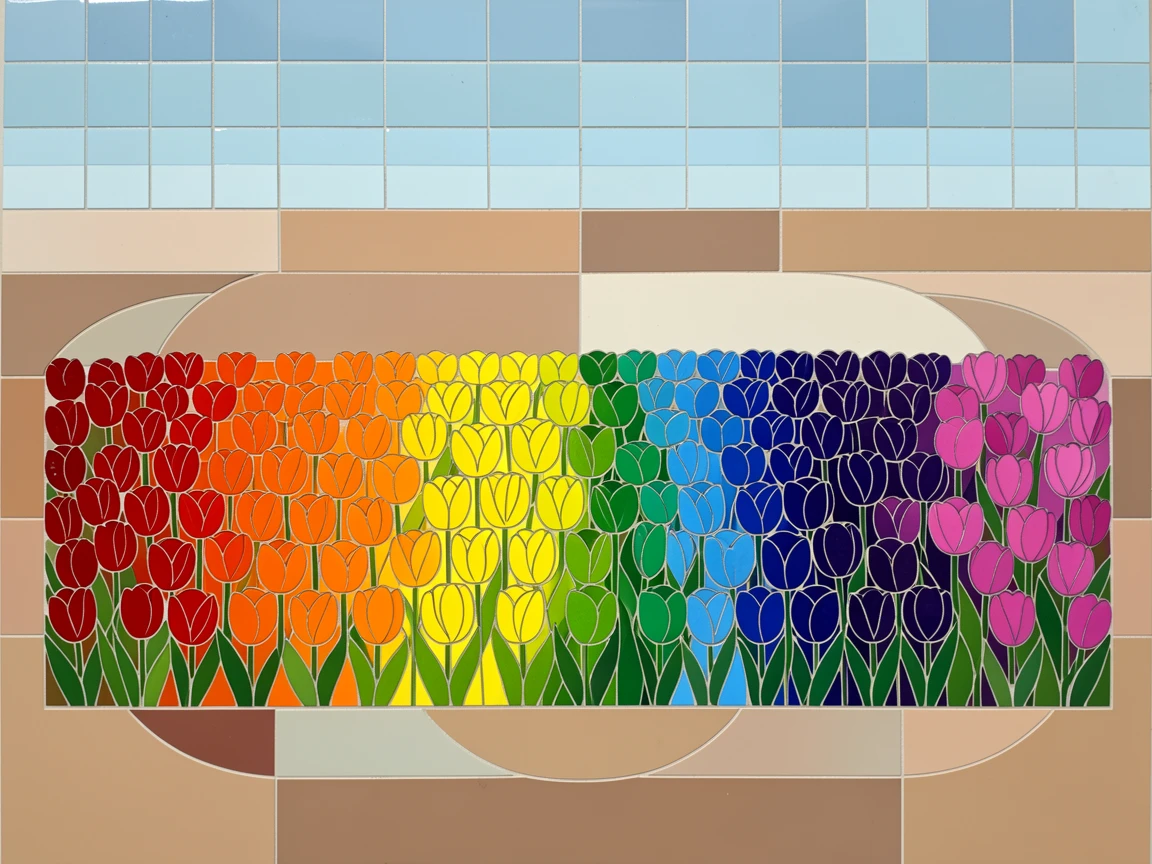 A bed of tulips arranged in vibrant rainbow stripes.
