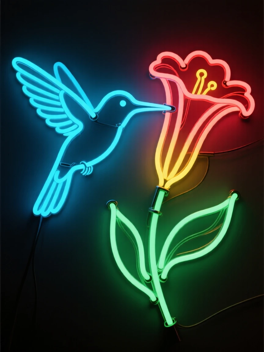 A hummingbird hovering beside a trumpet-shaped flower.