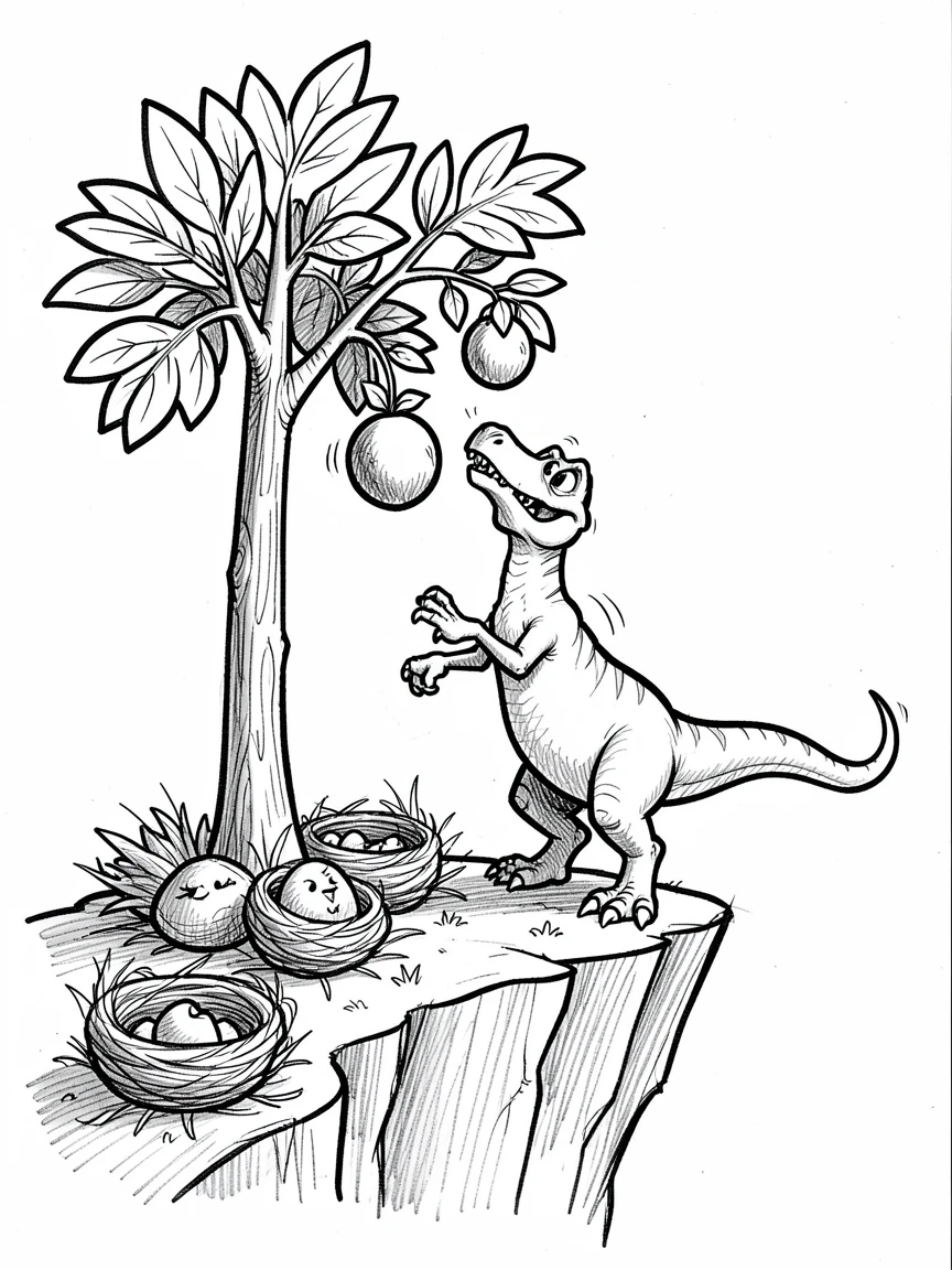 A dinosaur reaching for fruit on a tall tree beside nesting grounds on a cliff.