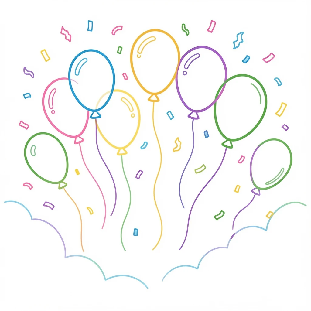 A confetti-filled celebration scene with balloons rising into a bright sky.