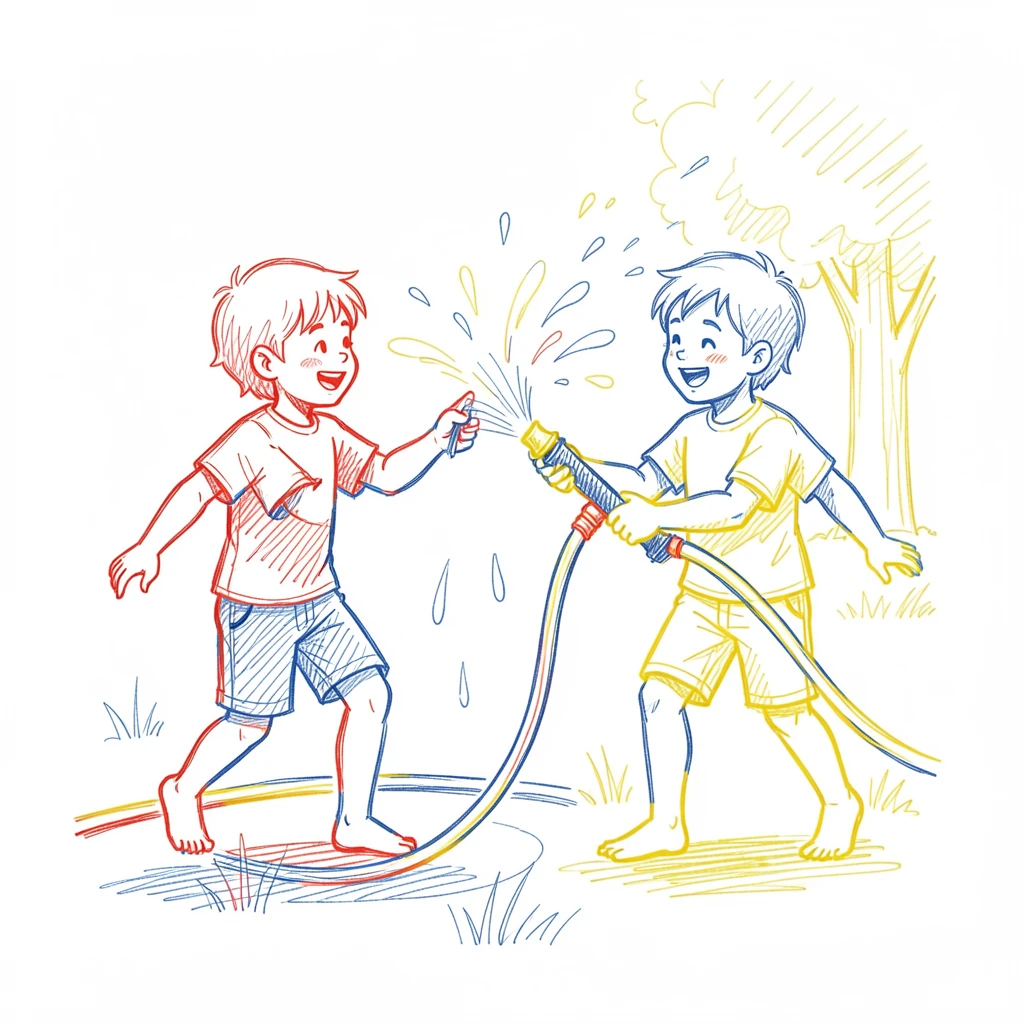 Siblings splashing each other with a garden hose on a hot day