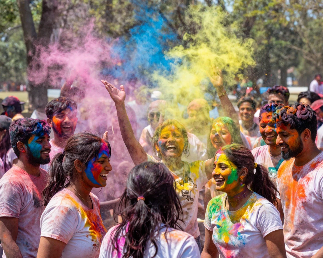 A Holi festival with clouds of colorful powder in the air