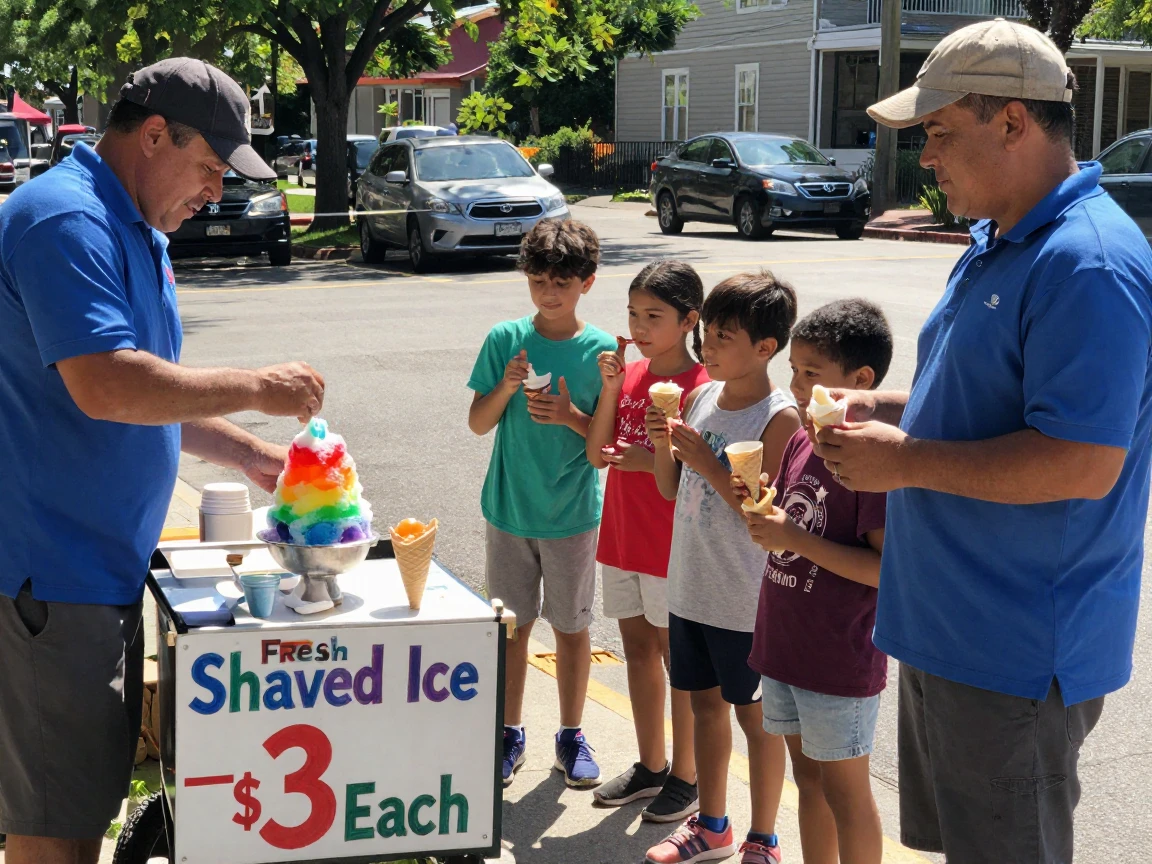 A street vendor shaves ice into a rainbow-colored dessert for a line of children.