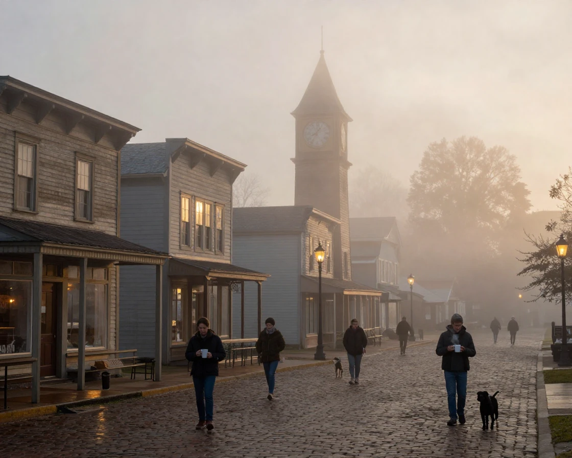 A small village square wrapped in a thick blanket of morning fog as the town slowly wakes