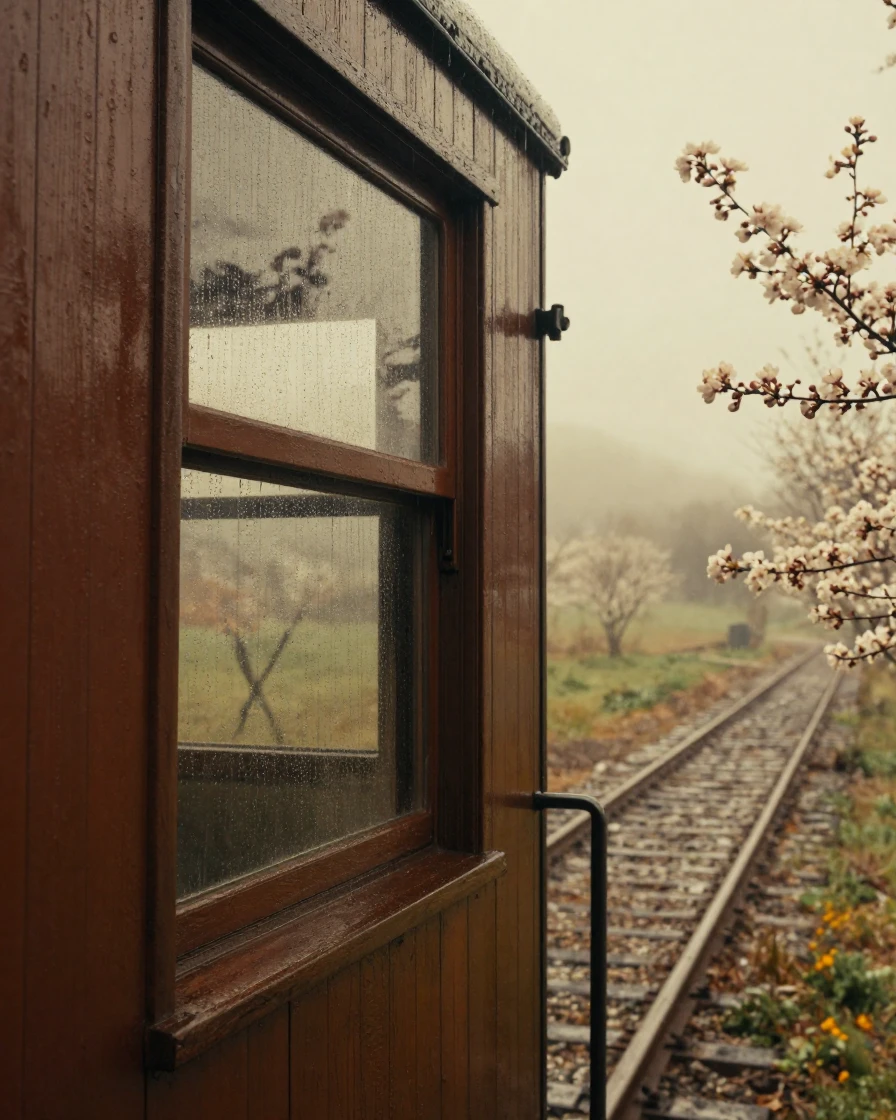 Rain streaking down the window of an old countryside train, under harsh midday sun, in thick rolling fog, as spring blossoms unfurl, in warm honey and cream tones, from a three-quarter angle.