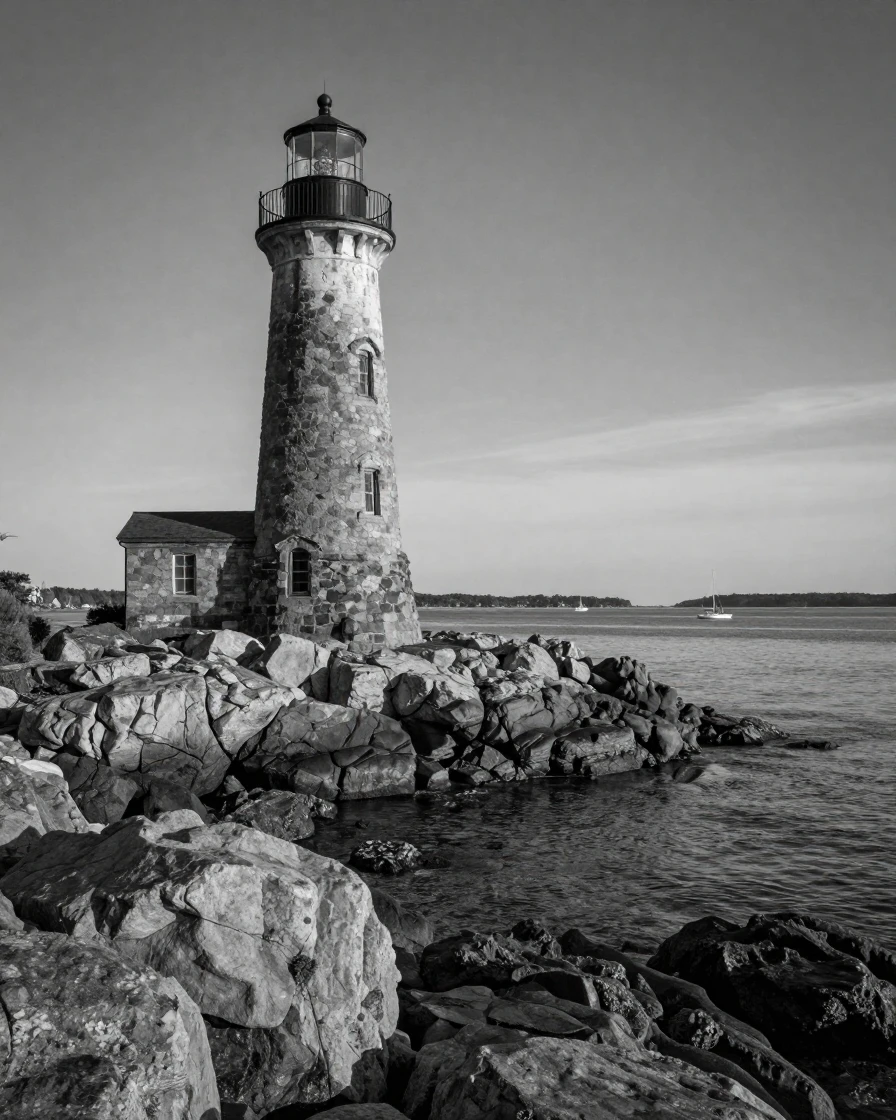 An old stone lighthouse watches over a rocky coastline beside a wide open harbor.