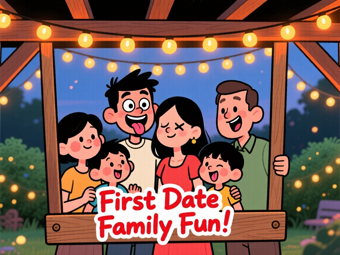 A heartwarming scene of a couple on their first date posing for a silly family photo with everyone making funny faces, under a canopy of string lights.