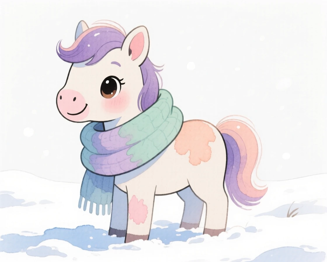 A miniature pony wearing a cozy scarf in the snow