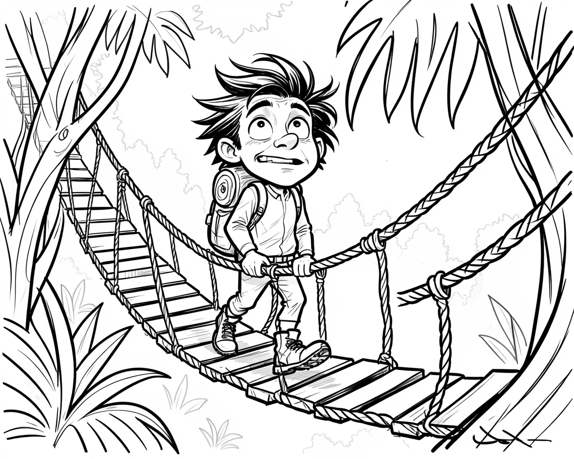 [Travel & Cultural Experiences] Vivid travel scene of a hiker crossing a rope bridge in a lush rainforest canopy, full of wonder and adventure