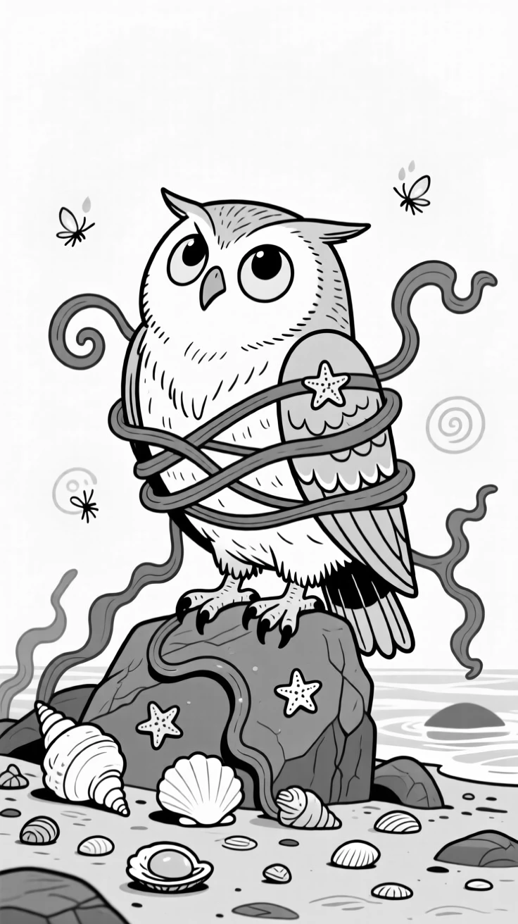 A wizard's owl familiar rolling its eyes at its master, getting hopelessly knotted in kelp and starfish, set on a rocky shoreline scattered with shells. Fireflies swirl in lazy spirals nearby. It's a whimsical moment that feels both magical and silly.