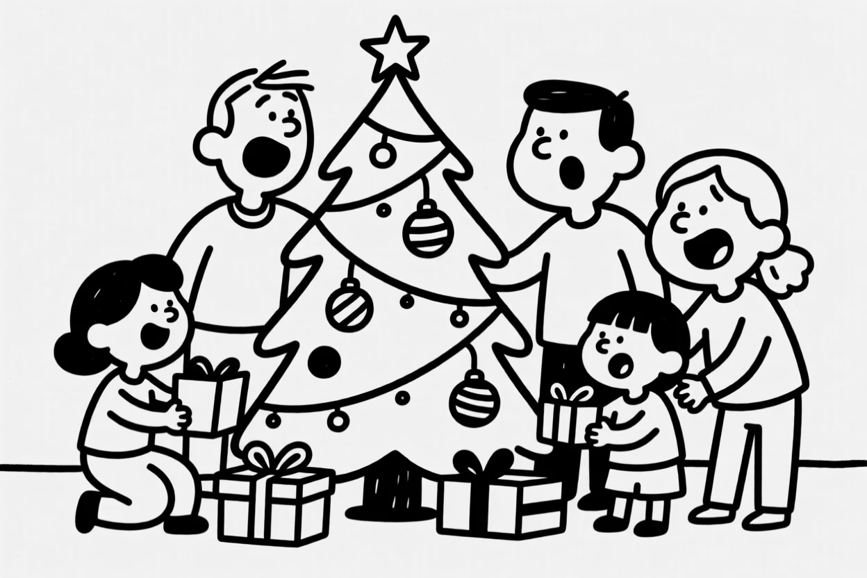 A family gathered around a beautifully decorated Christmas tree opening presents.