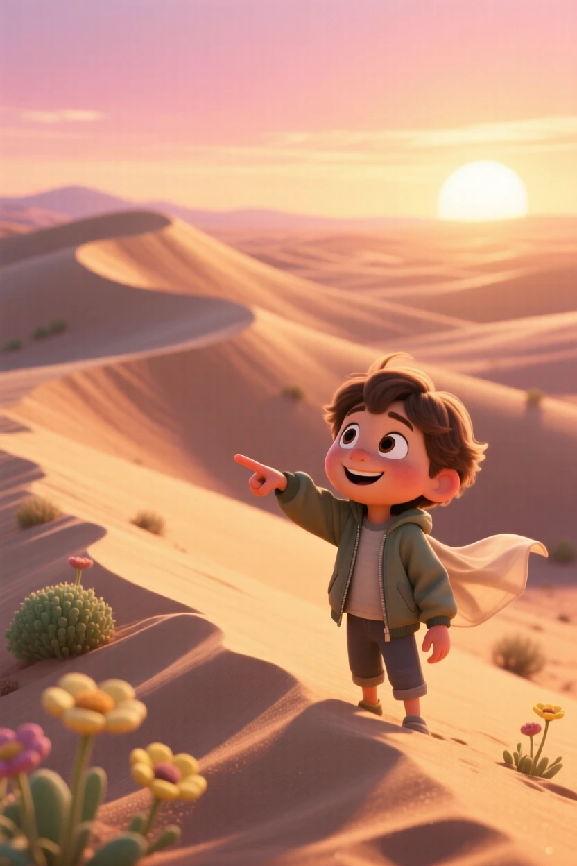 A child pointing excitedly at the view stands along a desert dune ridge at golden hour, letting the wind catch their jacket. A quiet excitement for discovery lingers in the air, with warm golden light washing over everything.