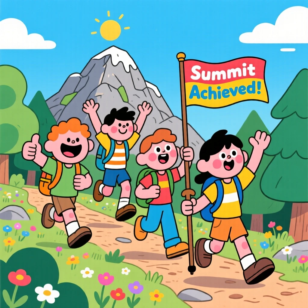 A group of friends hiking a trail and cheering at the summit.